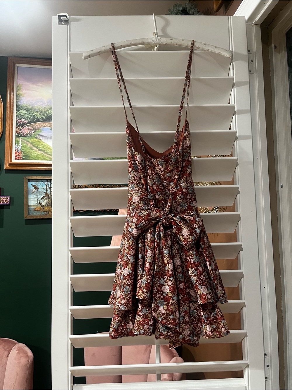 Floral Tiered Sundress with Spaghetti Straps - Burgundy Floral - Picture 2 of 5